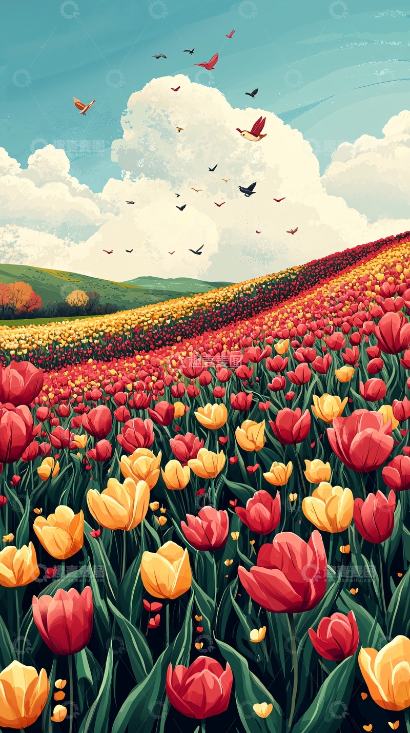高清大图下载【趣麦麦图】郁金香花田风景插画