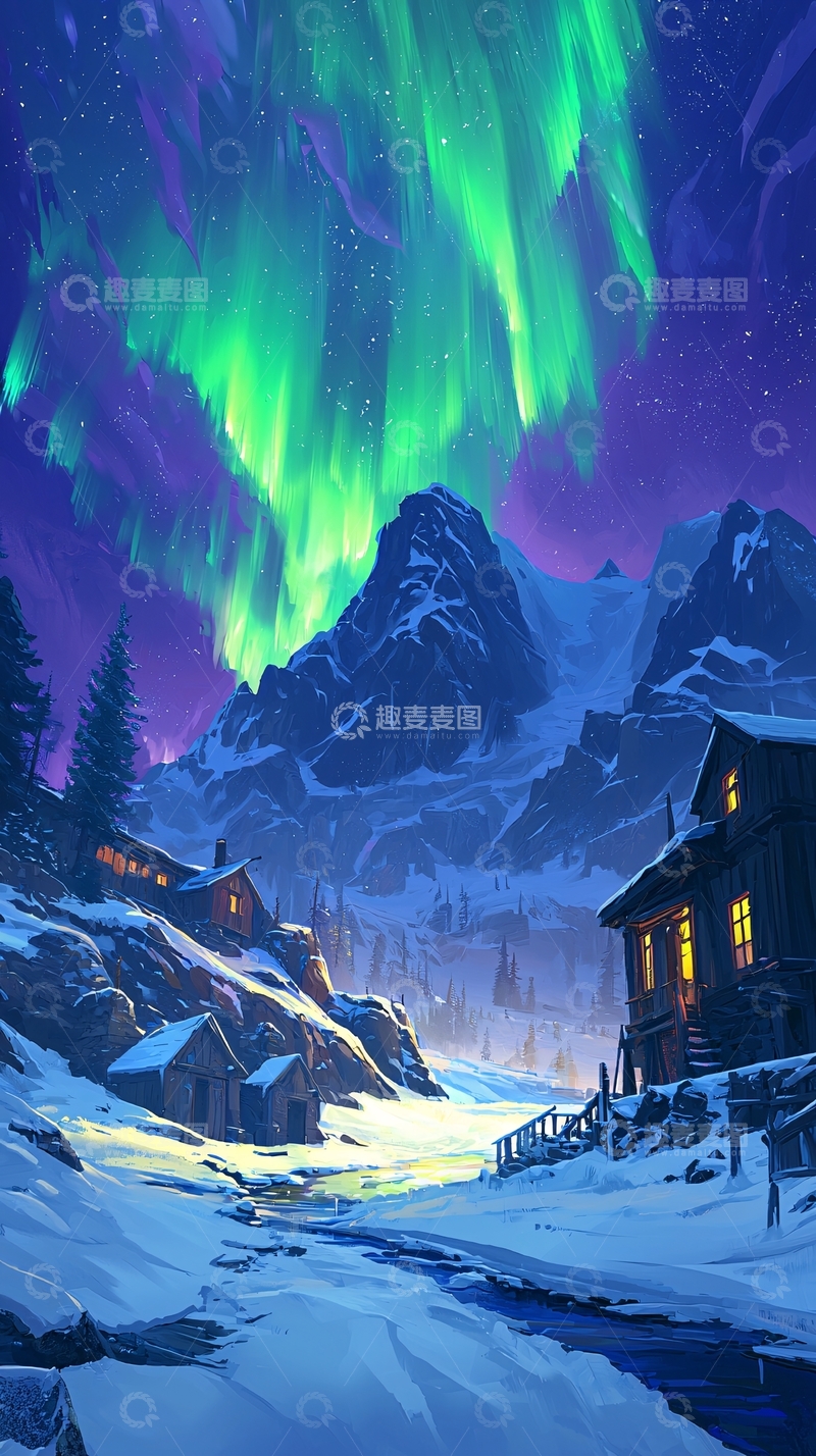 高清大图下载【趣麦麦图】极光下的雪山小屋