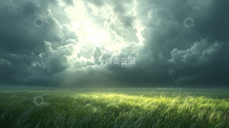 高清大图下载【趣麦麦图】光线穿透乌云照射麦田