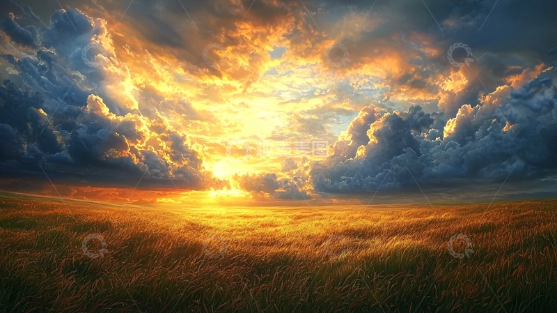 高清大图下载【趣麦麦图】壮丽的日落与麦田