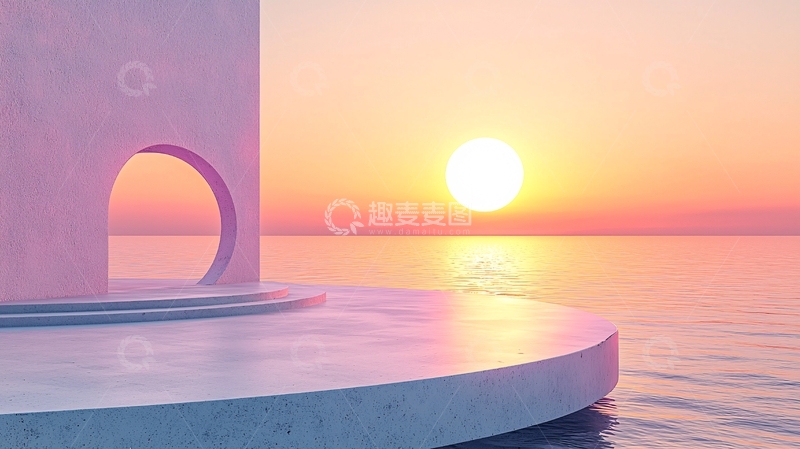 高清大图下载【趣麦麦图】极简粉色日落海景平台