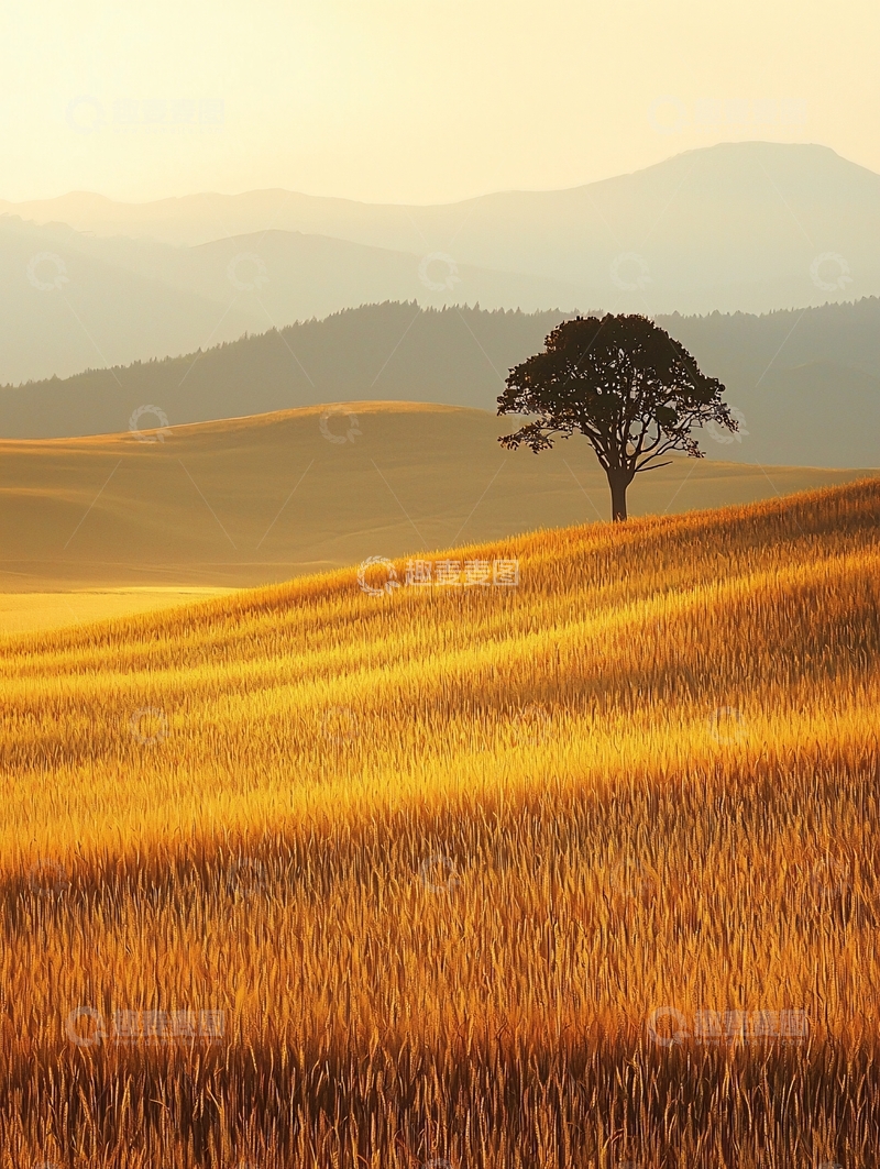 高清大图下载【趣麦麦图】金色麦田孤树