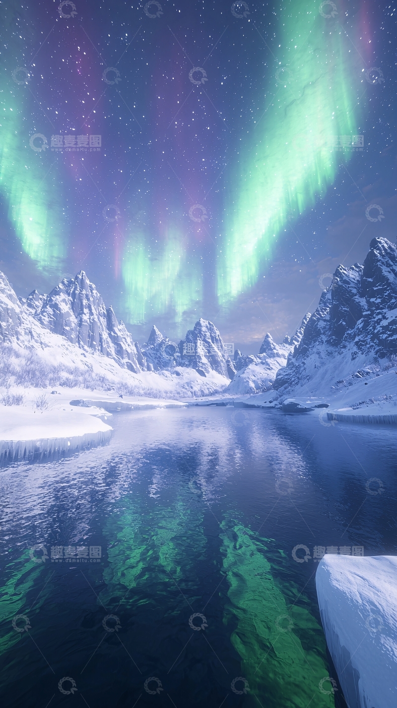 高清大图下载【趣麦麦图】极光下的雪山湖泊
