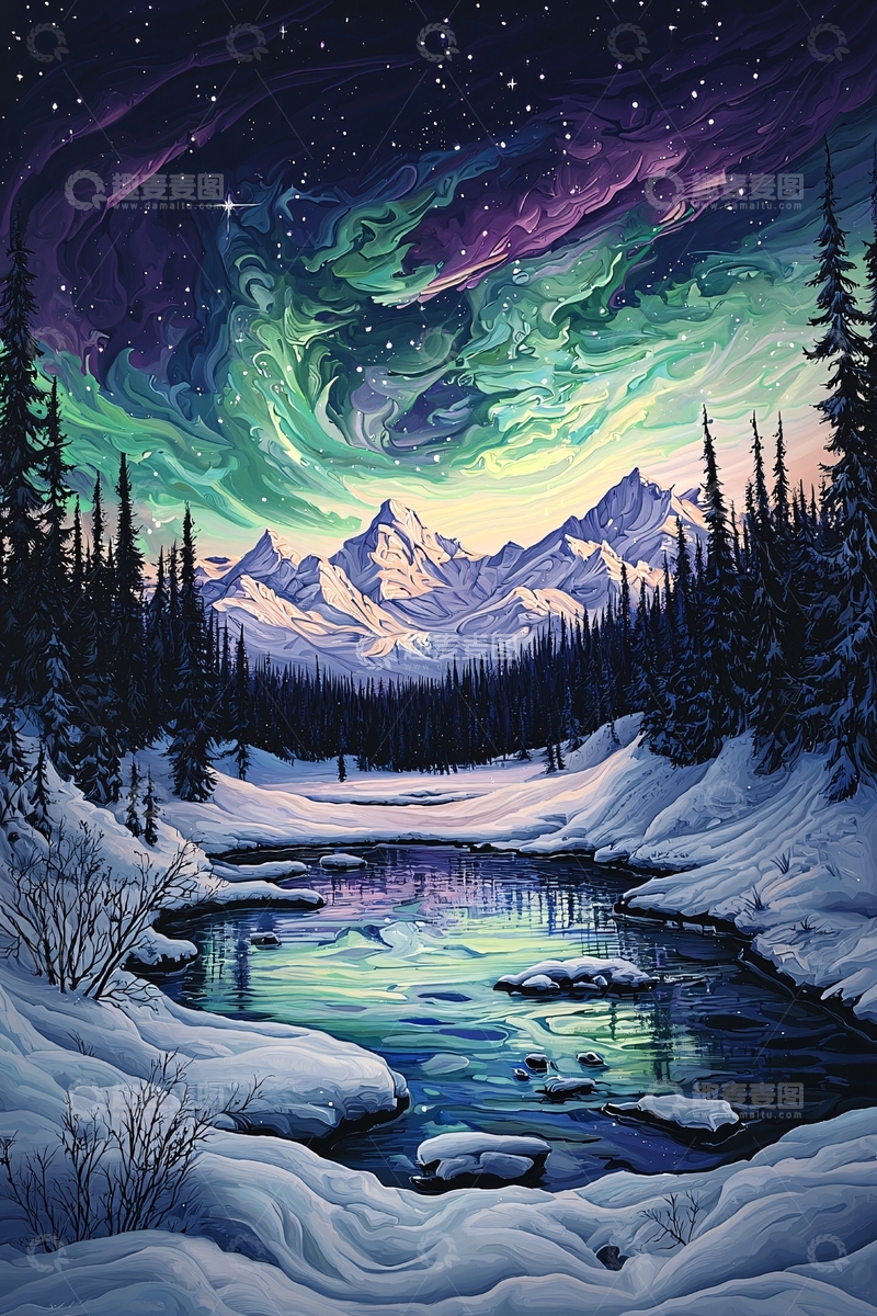 高清大图下载【趣麦麦图】极光下的雪山森林