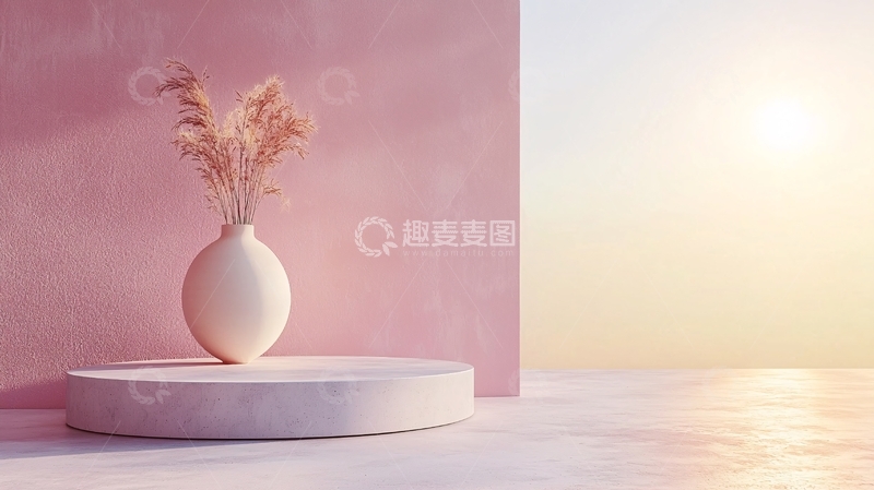 高清大图下载【趣麦麦图】粉色背景花瓶干花摆设