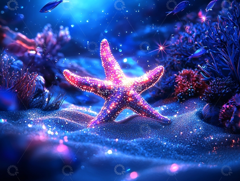 高清大图下载【趣麦麦图】梦幻紫红色海星在海底发光