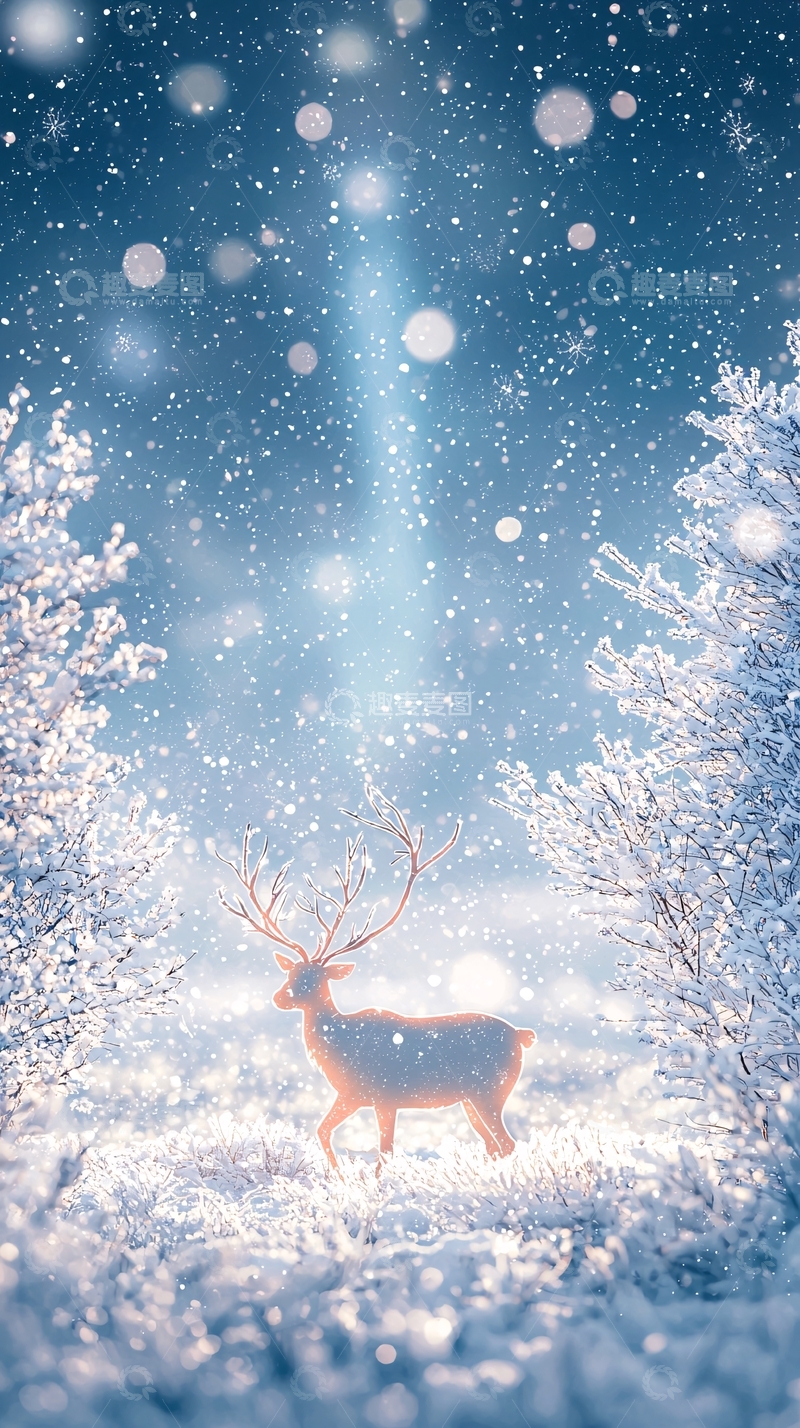 高清大图下载【趣麦麦图】雪地中的金色鹿