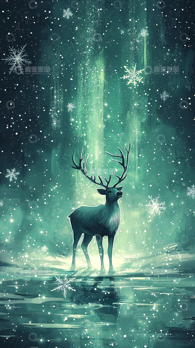 高清大图下载【趣麦麦图】梦幻绿光下的雄鹿