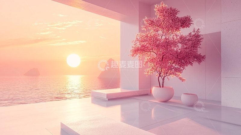 高清大图下载【趣麦麦图】粉色日落海景简约室内设计