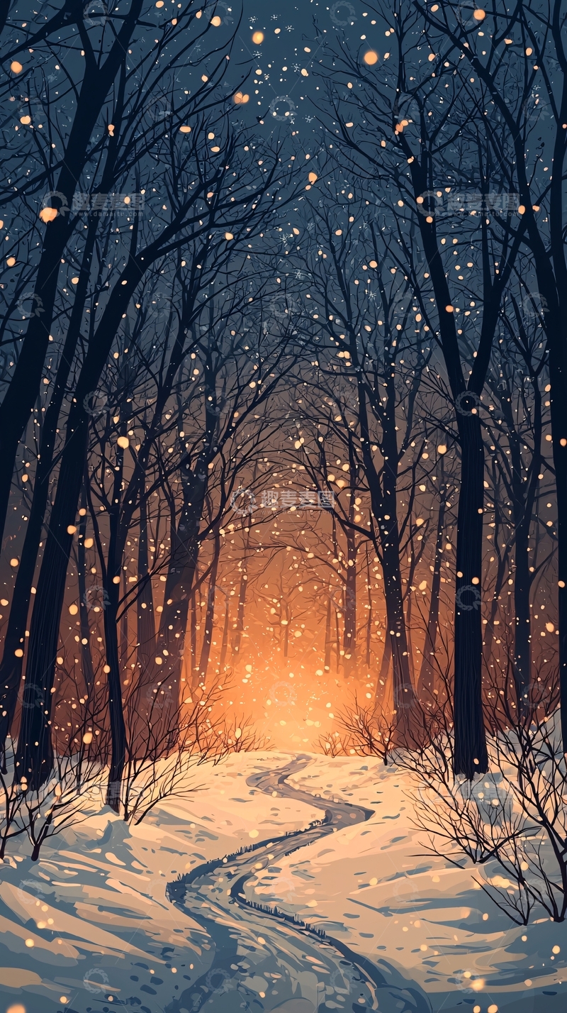 高清大图下载【趣麦麦图】冬夜森林雪路