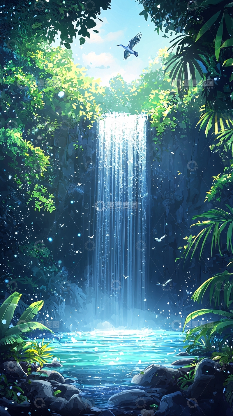 高清大图下载【趣麦麦图】绿意盎然的瀑布森林