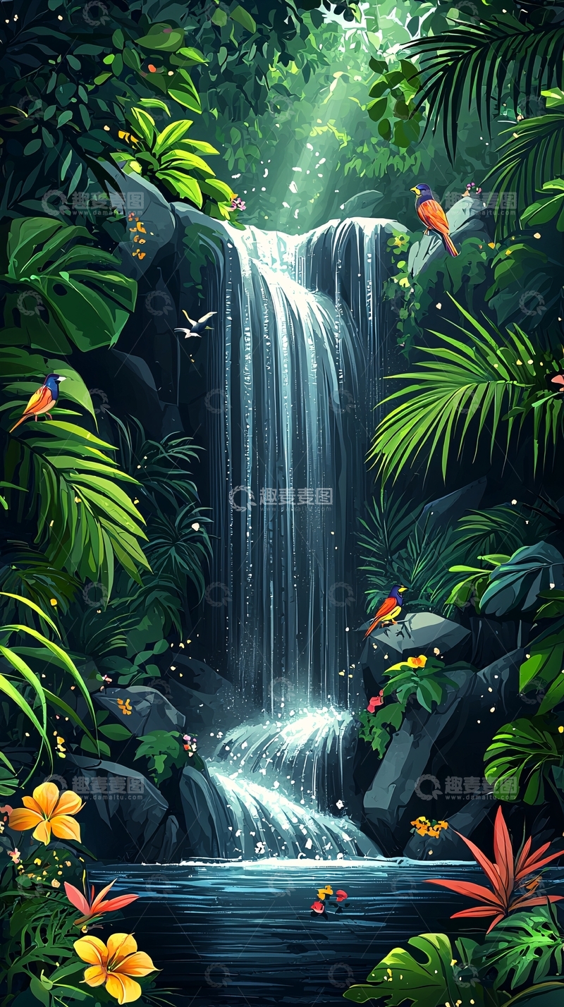 高清大图下载【趣麦麦图】热带雨林瀑布风景