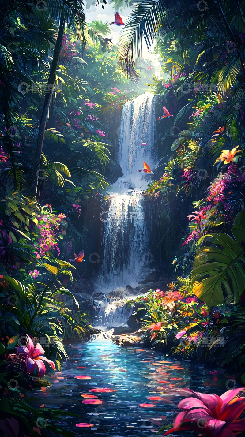 高清大图下载【趣麦麦图】热带雨林中的瀑布