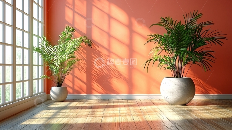 高清大图下载【趣麦麦图】橙色墙壁室内盆栽阳光