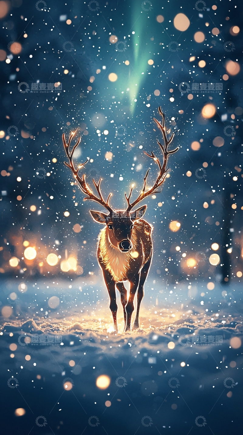 高清大图下载【趣麦麦图】雪地里闪耀的驯鹿