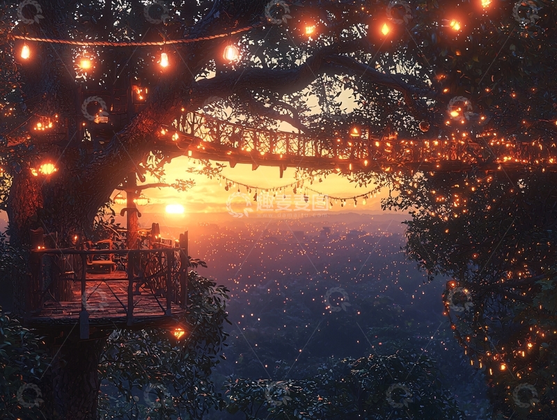 高清大图下载【趣麦麦图】树屋上的灯光晚餐