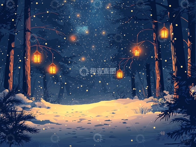 高清大图下载【趣麦麦图】雪夜森林里悬挂着灯笼