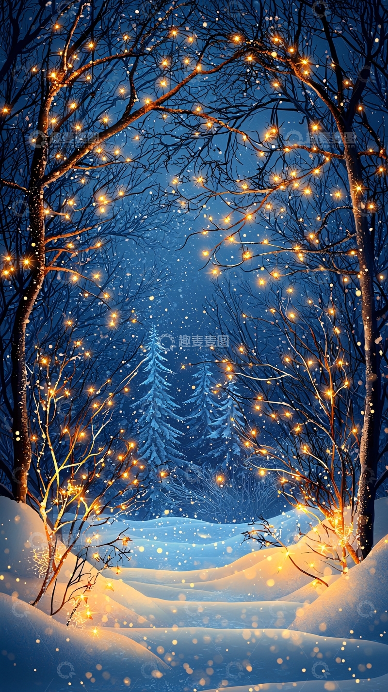 高清大图下载【趣麦麦图】冬夜雪景梦幻灯光