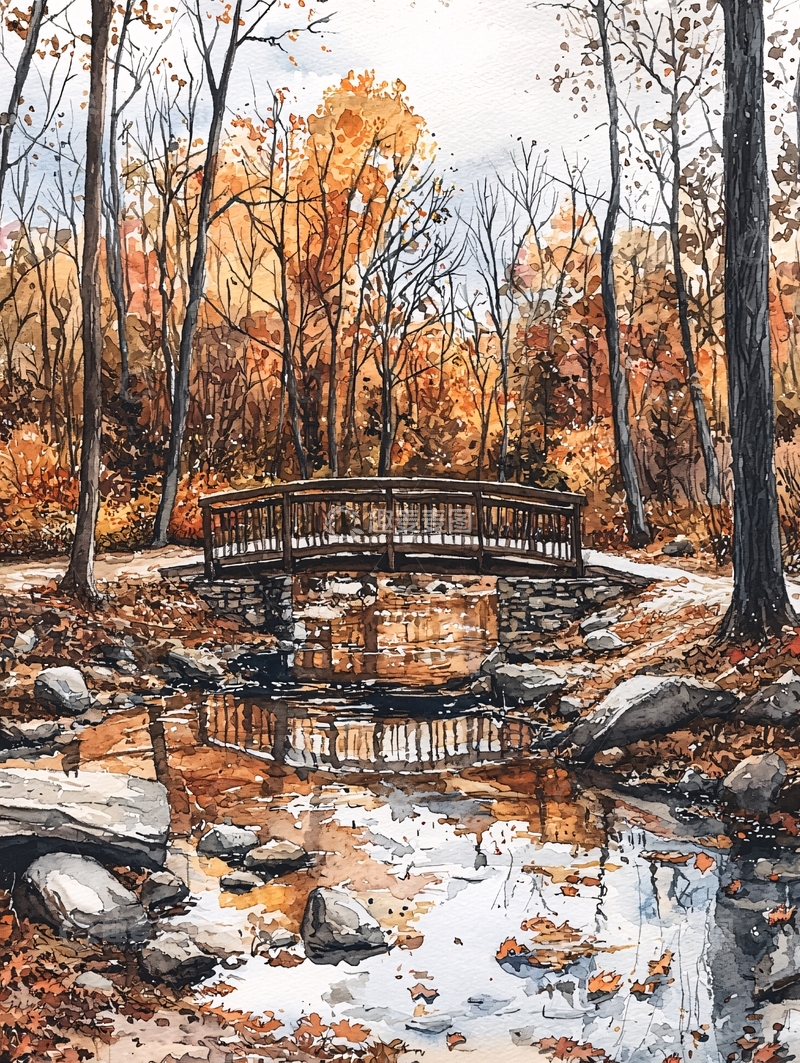 高清大图下载【趣麦麦图】秋日森林小桥水面倒影