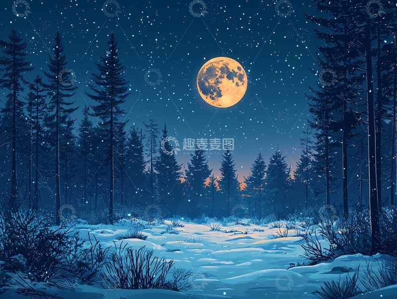 高清大图下载【趣麦麦图】月夜森林雪景