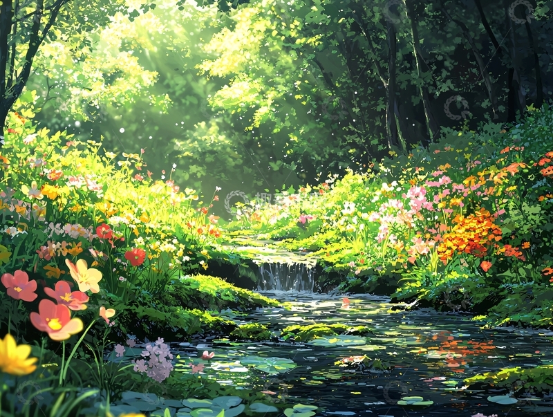 高清大图下载【趣麦麦图】阳光洒在鲜花草地上的小溪