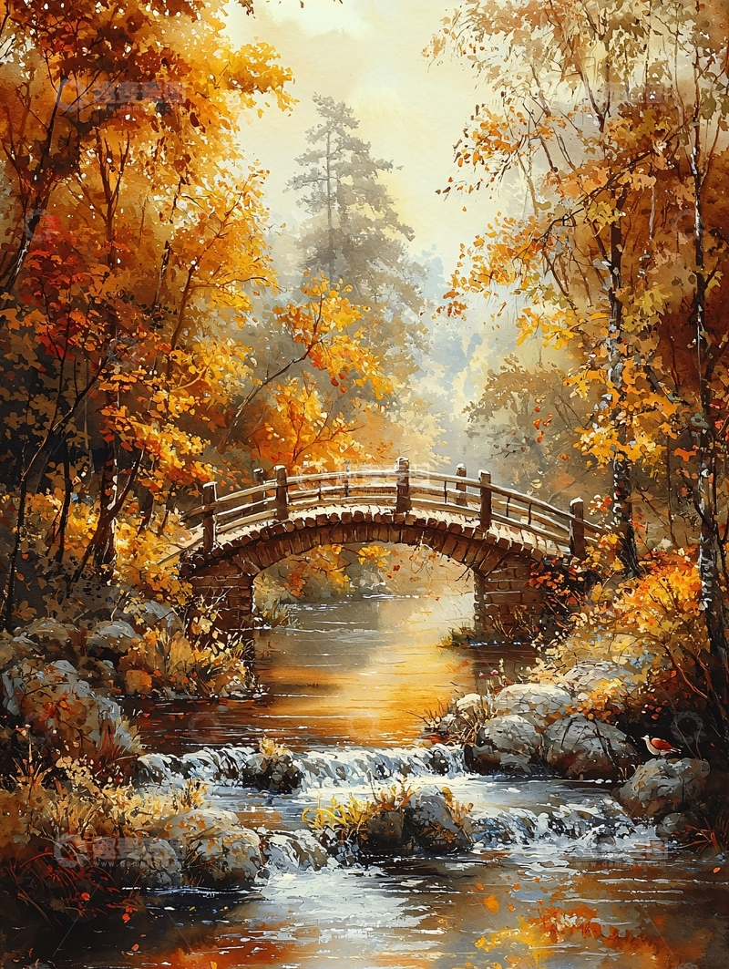 高清大图下载【趣麦麦图】秋日森林小桥流水