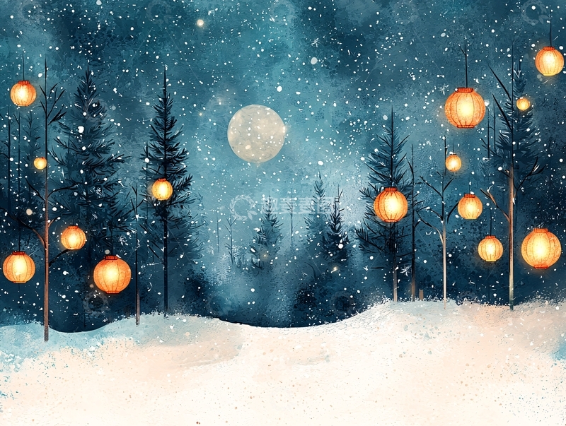 高清大图下载【趣麦麦图】冬夜雪景森林灯笼