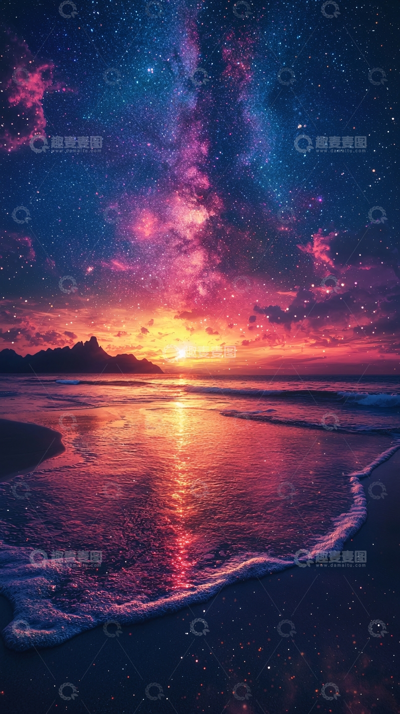 高清大图下载【趣麦麦图】梦幻星空海滩日落
