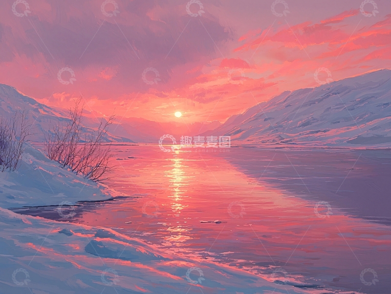 高清大图下载【趣麦麦图】粉色日落雪山湖泊的景色