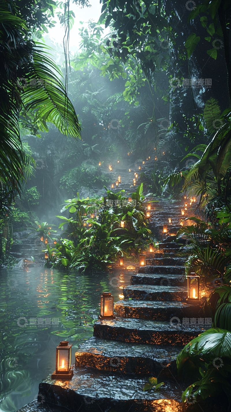 高清大图下载【趣麦麦图】雨后热带雨林石阶小路