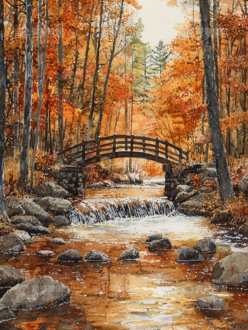 高清大图下载【趣麦麦图】秋日森林小桥流水