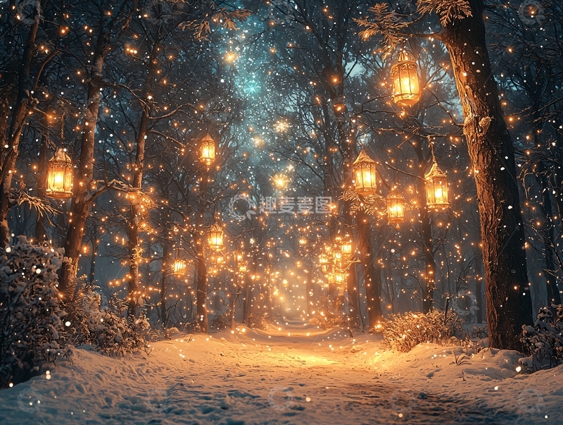 高清大图下载【趣麦麦图】雪地小路灯笼