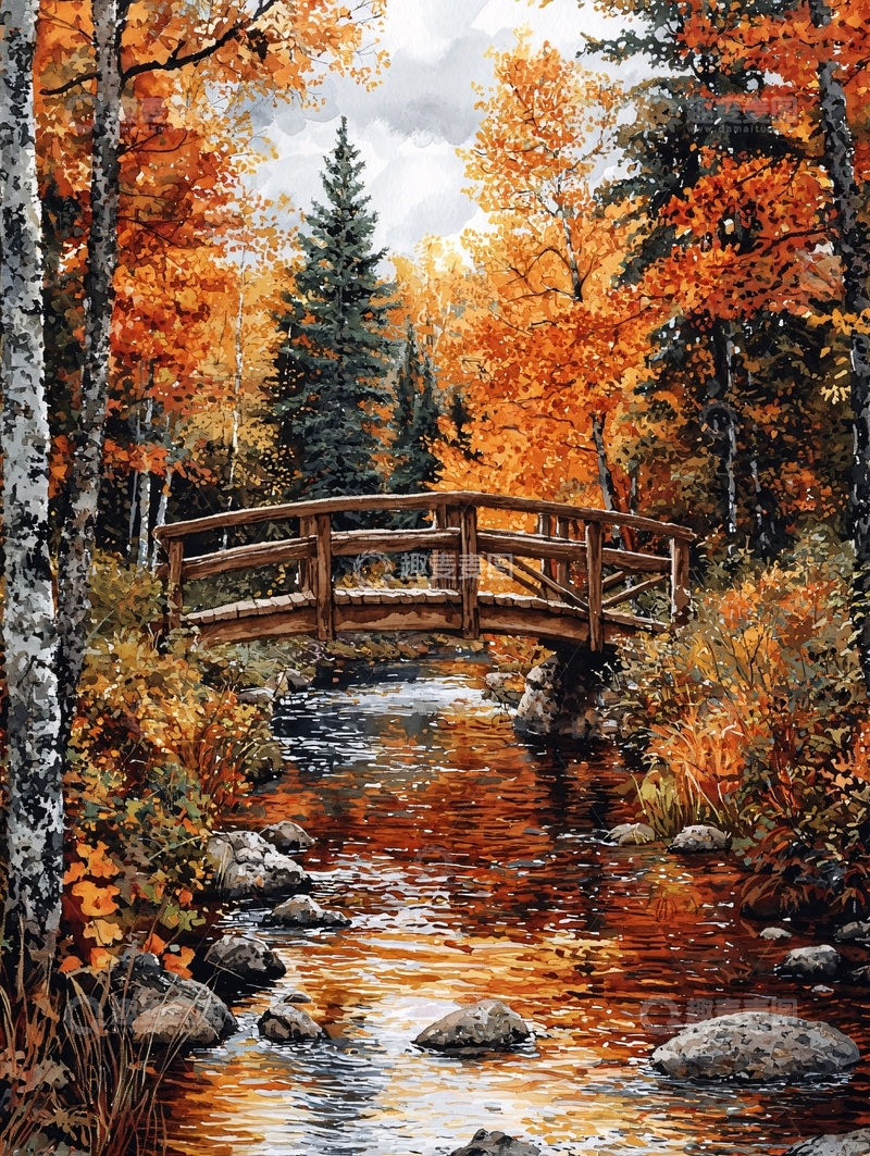 高清大图下载【趣麦麦图】秋季森林木桥溪流
