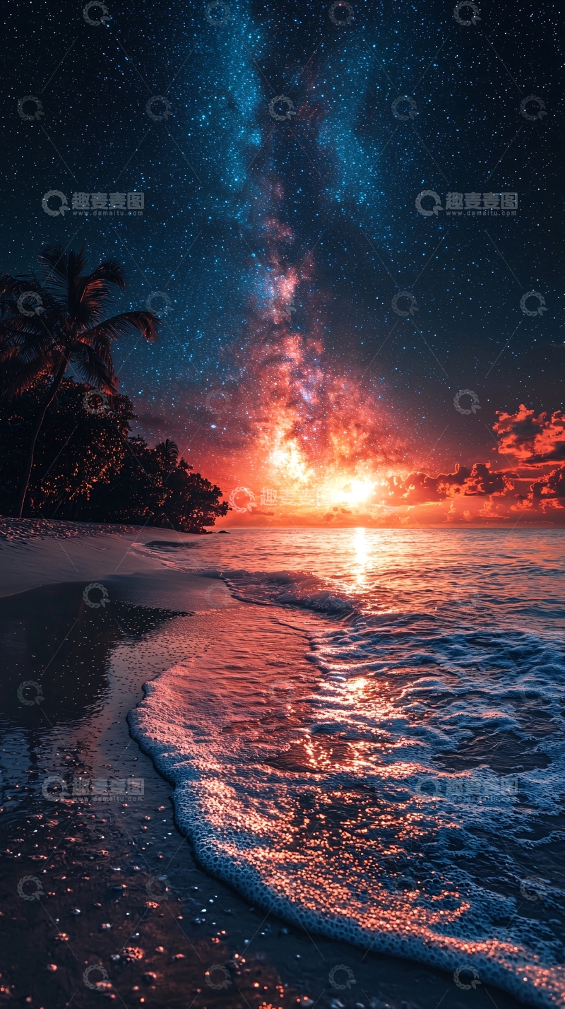 高清大图下载【趣麦麦图】海滩星空日落