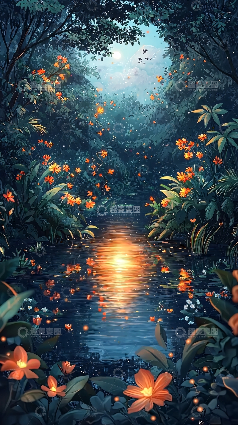 高清大图下载【趣麦麦图】夜晚森林小溪