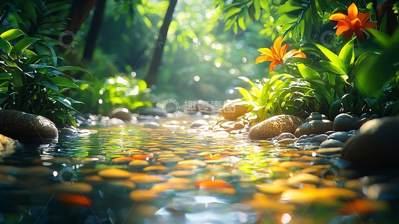 高清大图下载【趣麦麦图】阳光穿过树林的溪流