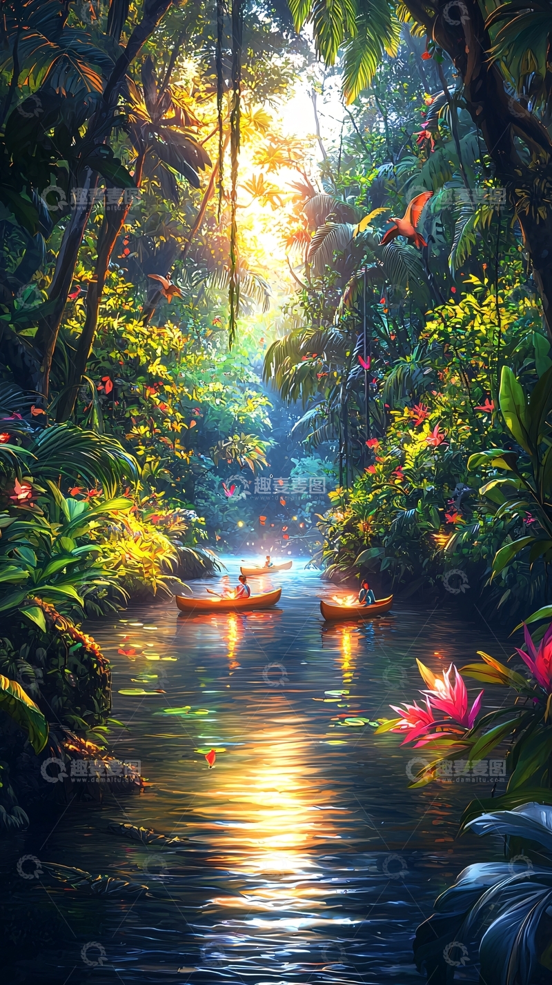 高清大图下载【趣麦麦图】热带雨林河流风景画