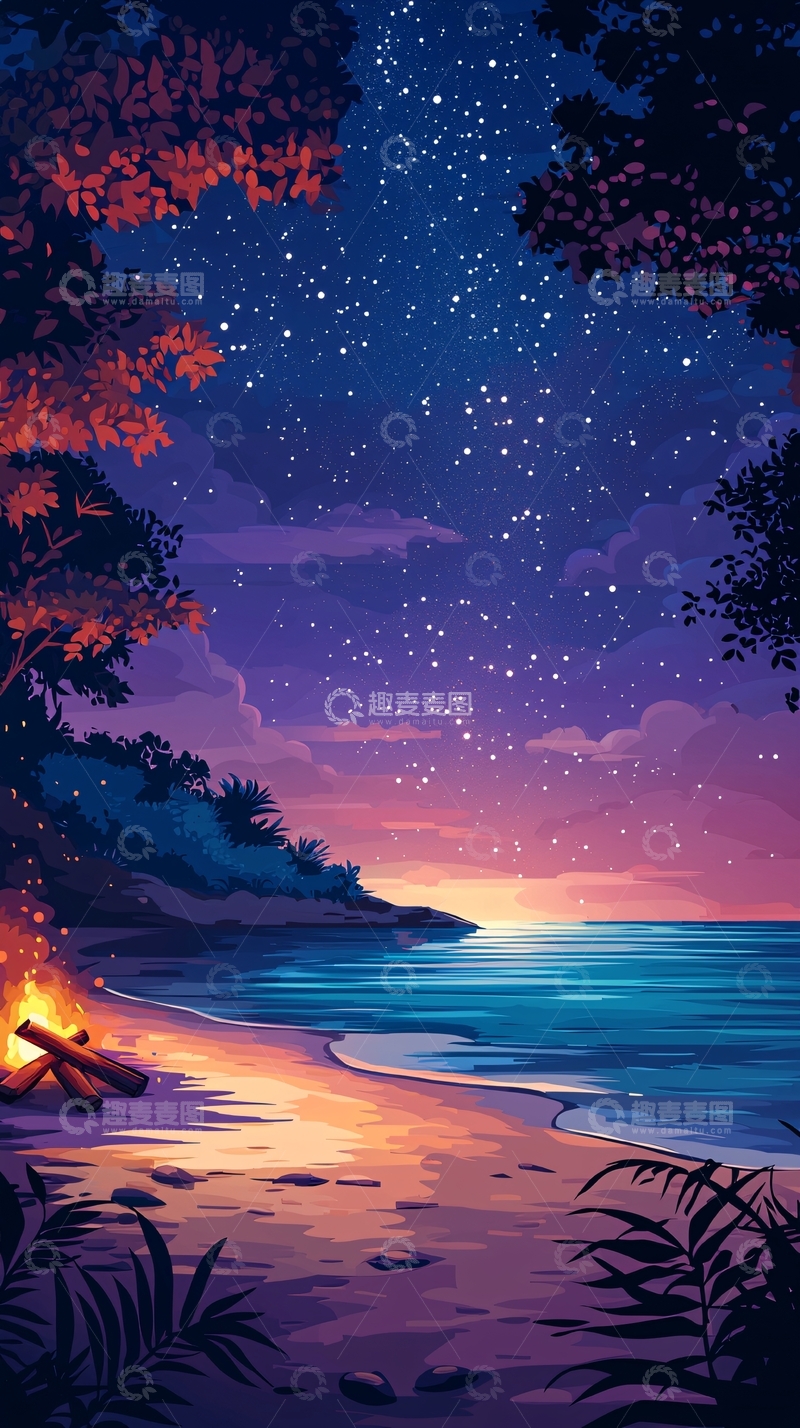 高清大图下载【趣麦麦图】星空海滩篝火