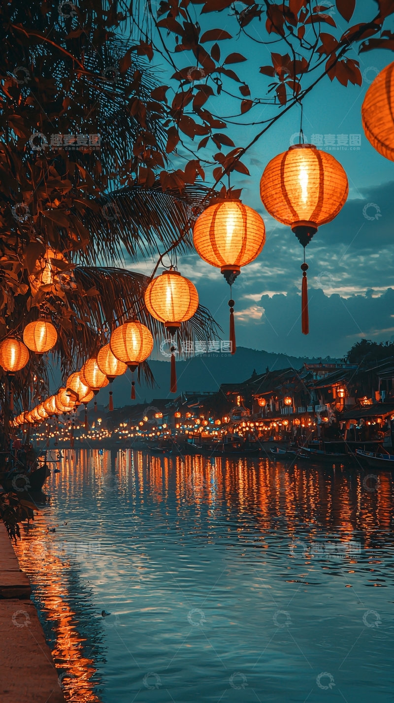 高清大图下载【趣麦麦图】河边一排灯笼