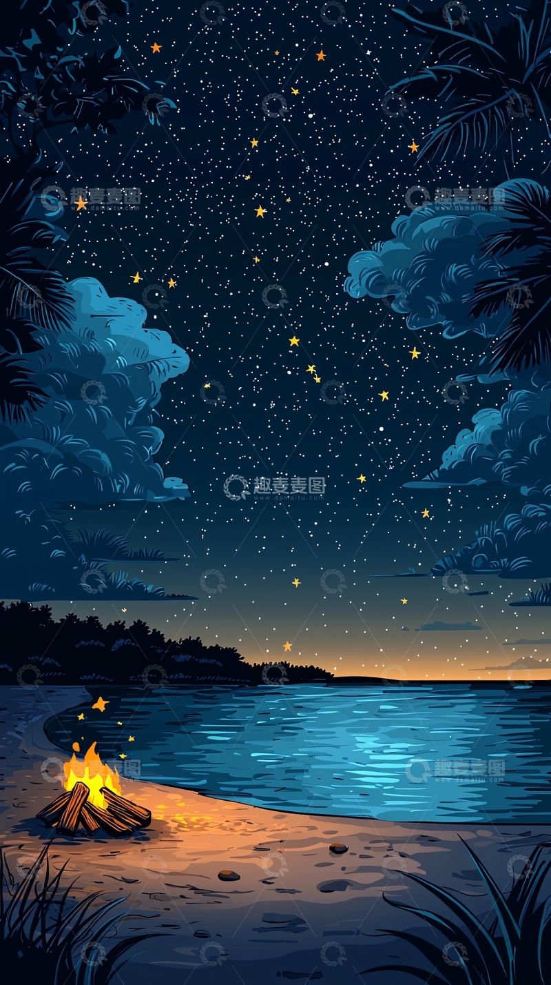高清大图下载【趣麦麦图】海边篝火下的星空夜景