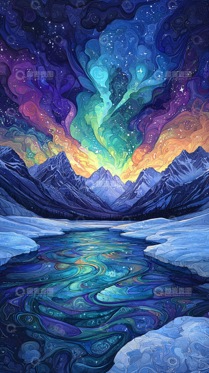高清大图下载【趣麦麦图】极光山脉梦幻冰河