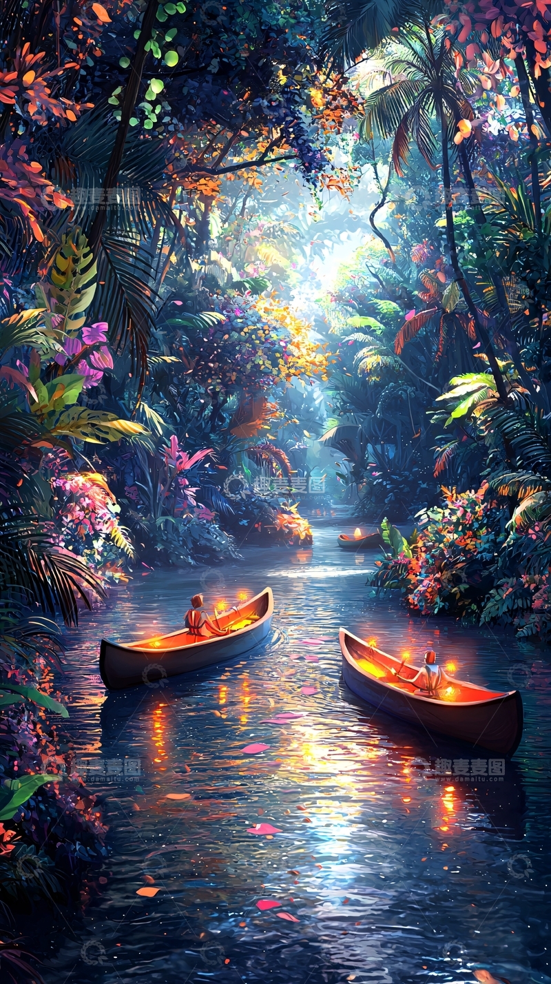 高清大图下载【趣麦麦图】热带雨林河道独木舟