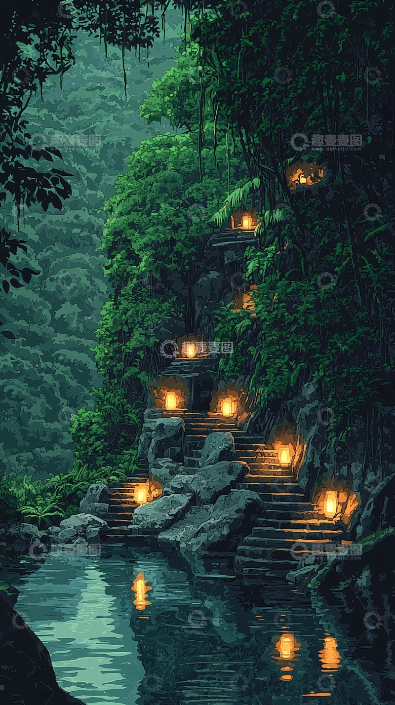 高清大图下载【趣麦麦图】雨后森林小屋夜景