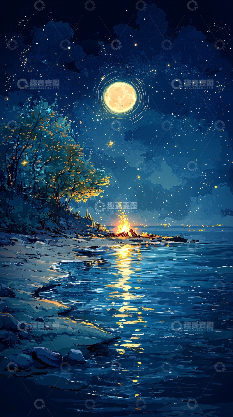 高清大图下载【趣麦麦图】星空大海篝火