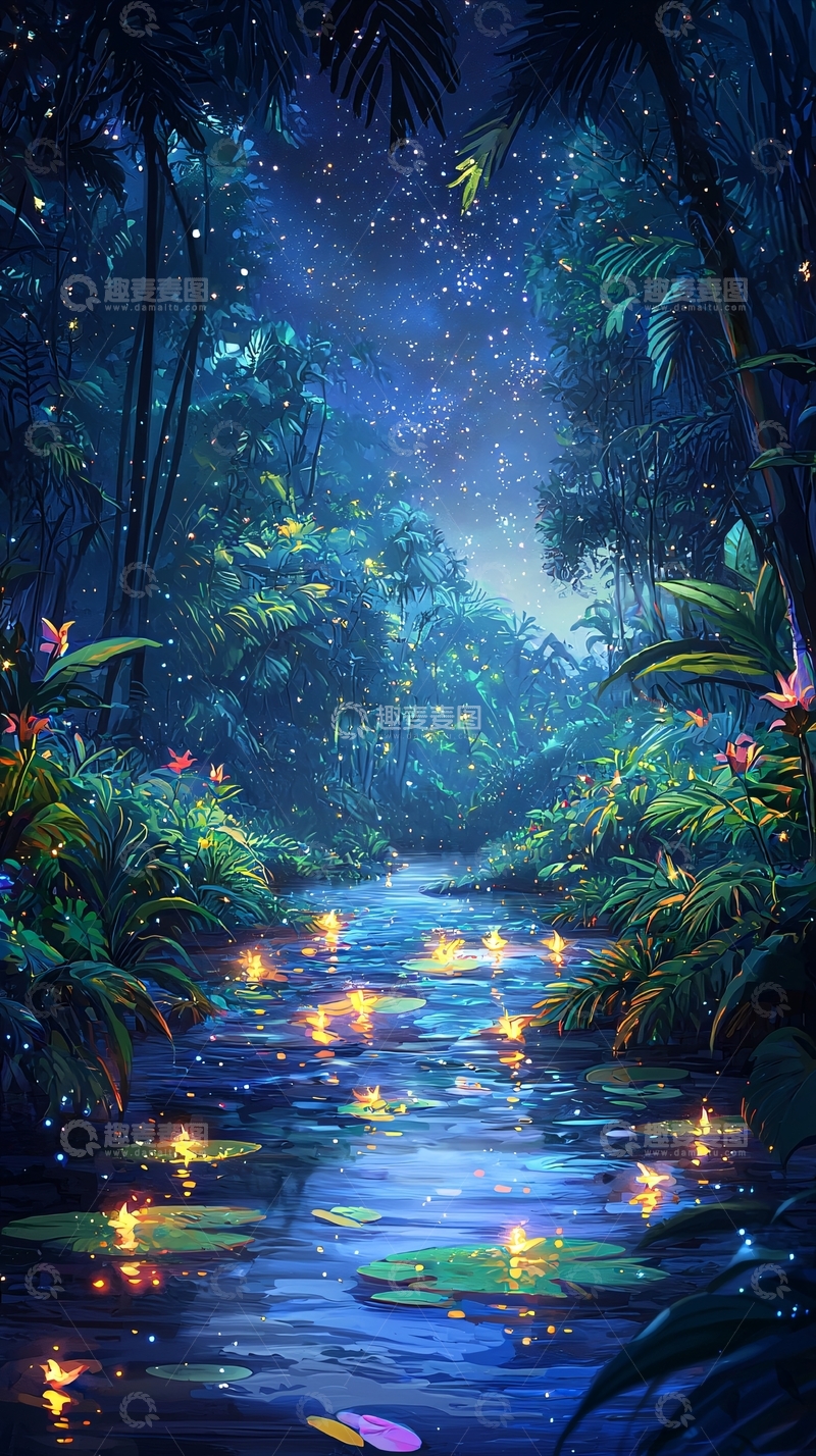 高清大图下载【趣麦麦图】梦幻雨林夜景