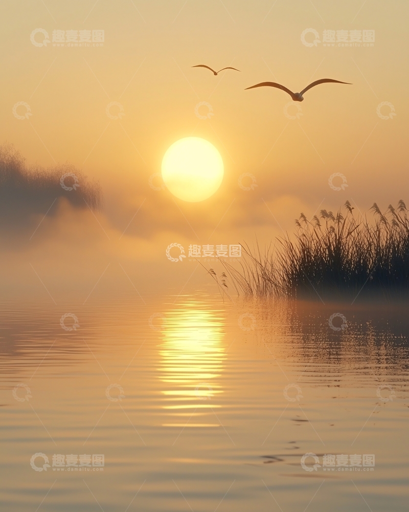 高清大图下载【趣麦麦图】清晨薄雾湖面日出