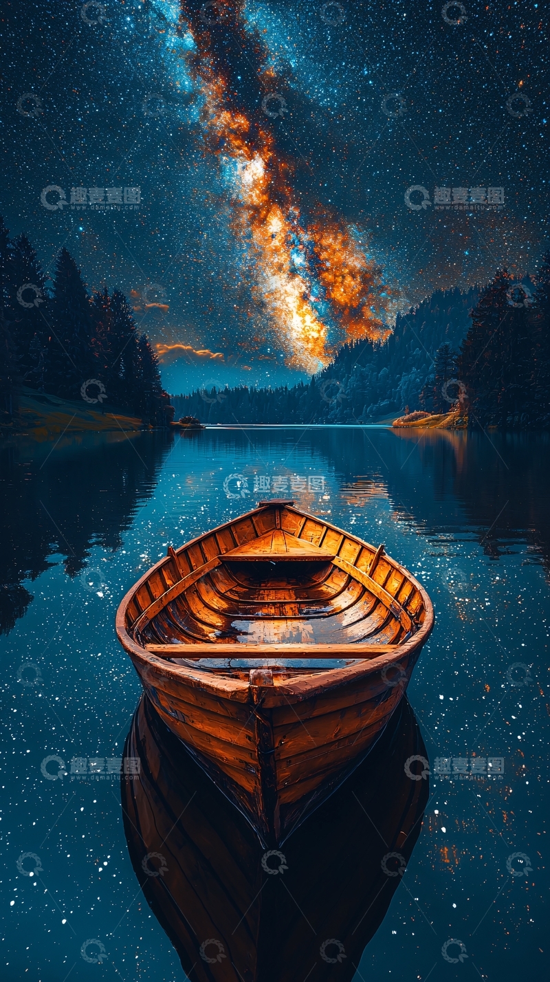高清大图下载【趣麦麦图】星空下的静谧湖面小船