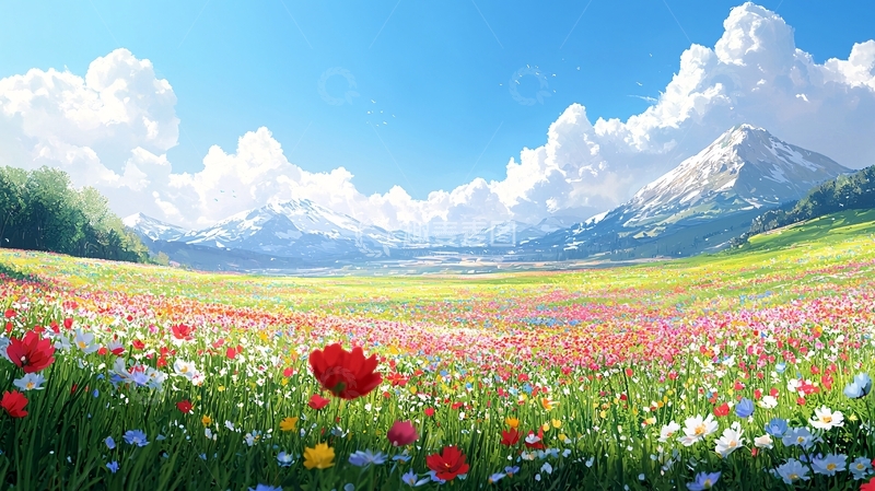 高清大图下载【趣麦麦图】阳光明媚下的彩色花海雪山