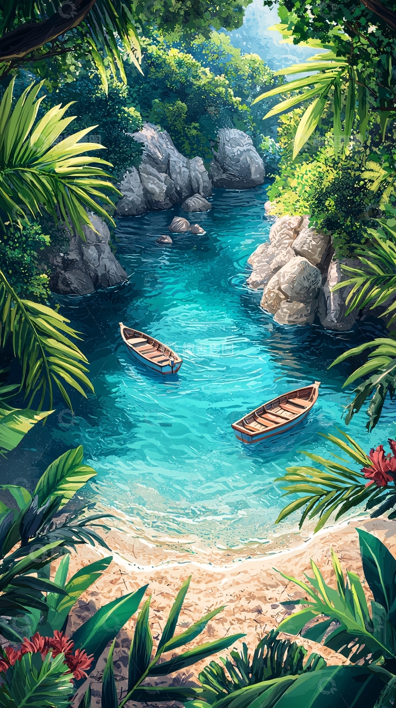 高清大图下载【趣麦麦图】热带雨林小溪船只