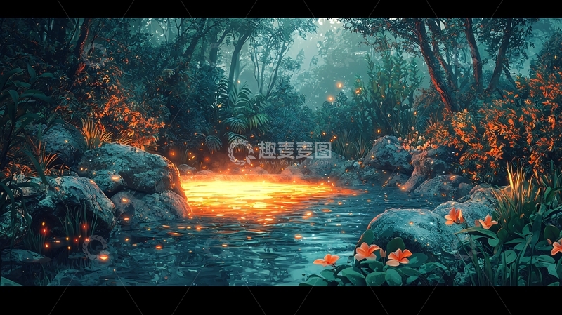 高清大图下载【趣麦麦图】萤火虫森林溪流
